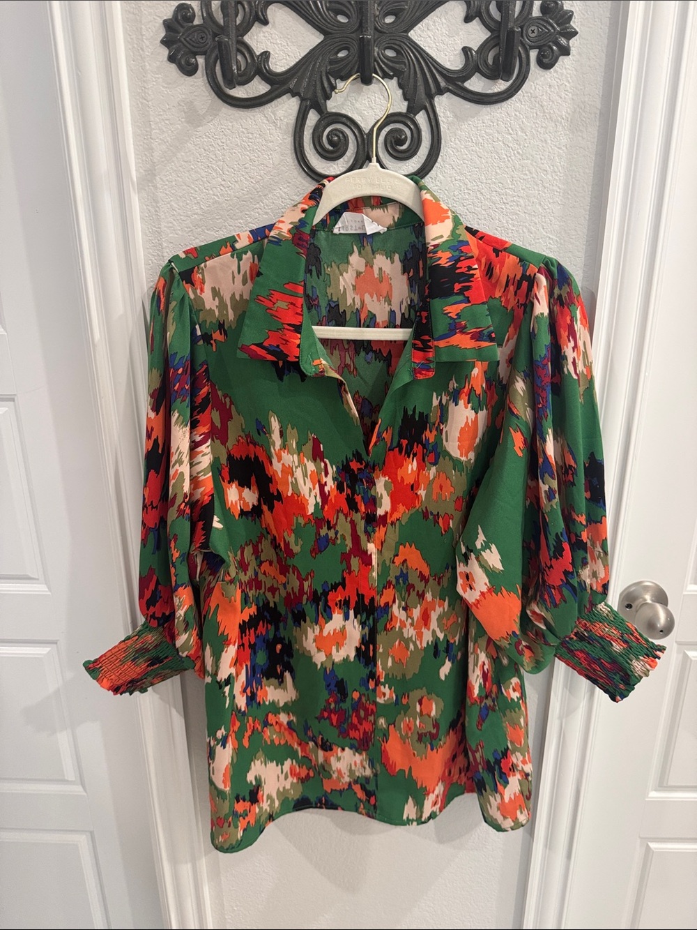 First Love Multicolor Abstract Print Button-Front Blouse in Green and Orange